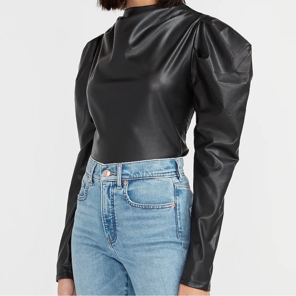 Black Faux Leather Puff Sleeve Top